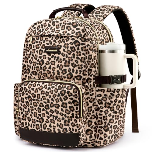 15.6 Inch Laptop Backpack for Women Water-Resistant Travel Bag with Trolley Sleeve Leopard Print
